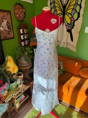 Light Blue Floral Spaghetti-Strap Prom Dress